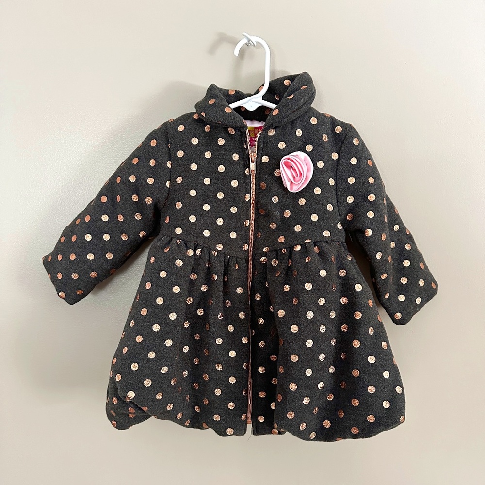 Adorable Rose Gold Grey Polka Dot Coat Pleated Bubble Hem Matching Hat Set NWOT